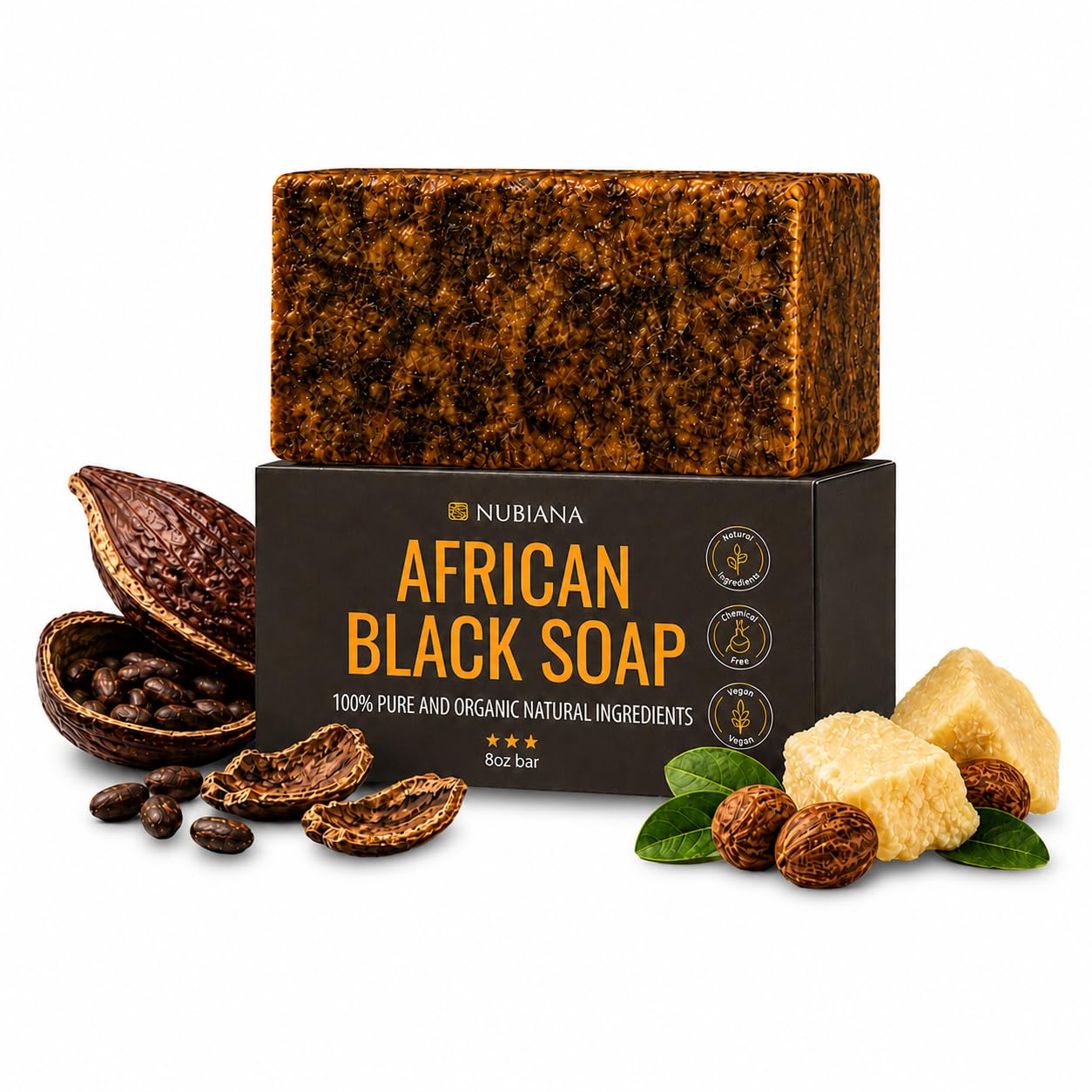 Nubiana Raw African Black Soap Bar 8 oz, Pure Natural 100% Authentic Black African Soap Handmade in Ghana with Unrefined Shea Butter, Cocoa Pod Ash Beauty & Personal Care Nubiana