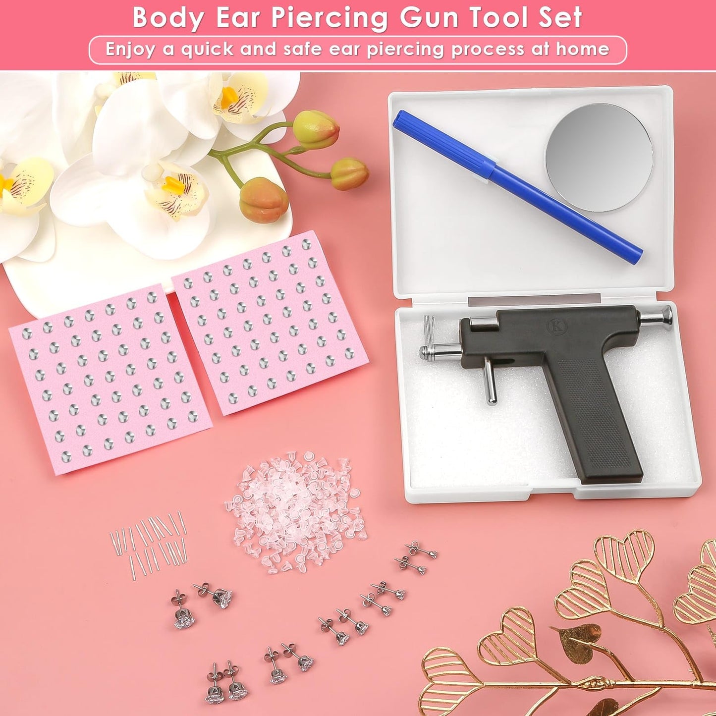 Professional Ear Piercing Gun Kit, Reusable Piercing Gun with Stainless Steel Piercing Earrings Studs, Crystal Earrings for At Home Salon Earlobe Beauty and Personal Care Evatage
