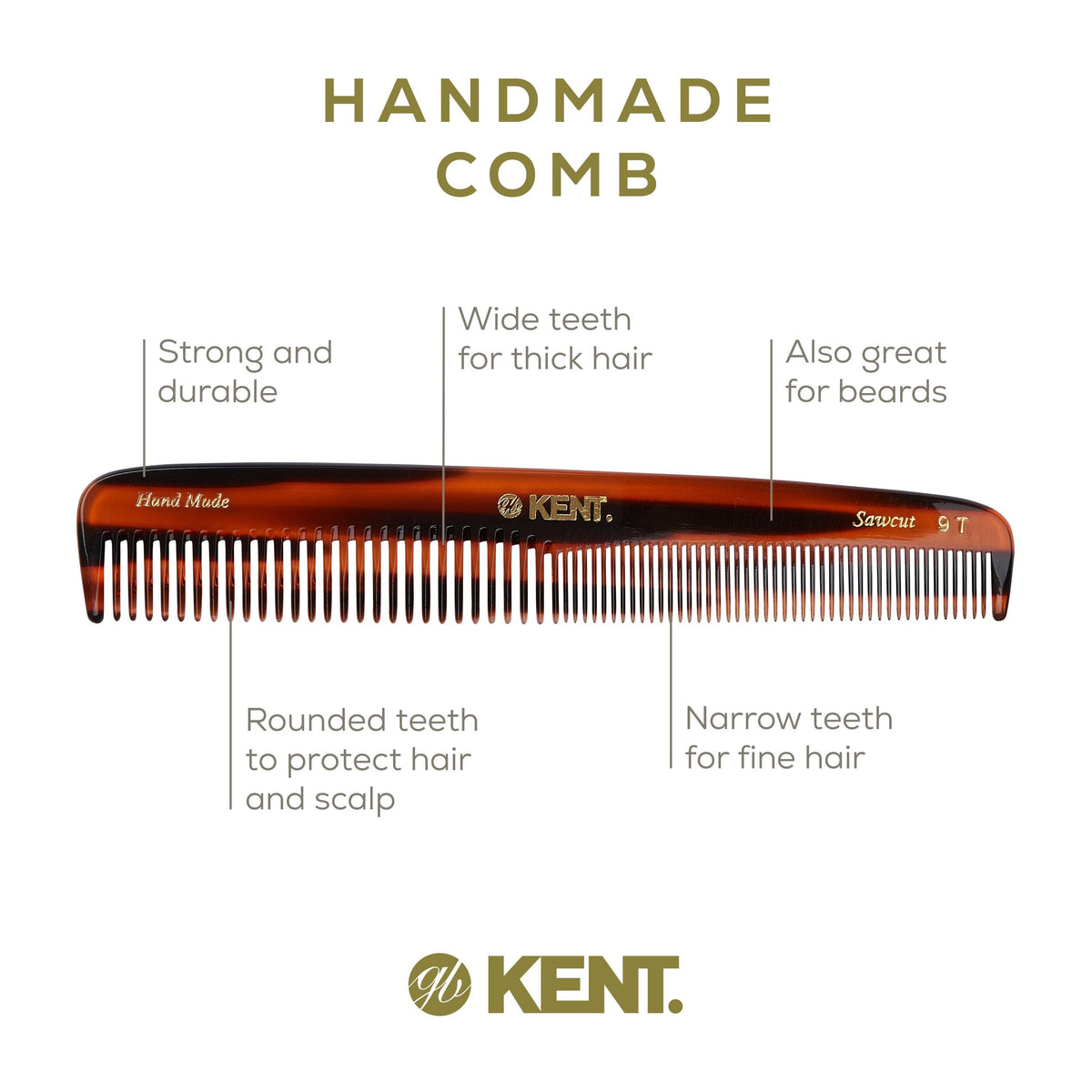Kent 9T Tortoiseshell Fine Tooth and Wide Tooth Comb - Large Handmade and Saw-Cut Fine Hair Dressing Comb - Wet Hair Detangler Combs for Women and