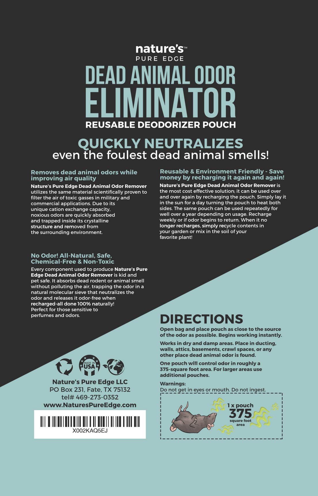 Dead Animal Smell Eliminator Pouch - Fragrance-Free Activated Charcoal Odor Absorber With Specialized Zeolite- Attics, Walls, Crawlspaces. For After Beauty and Personal Care Nature's Pure Edge