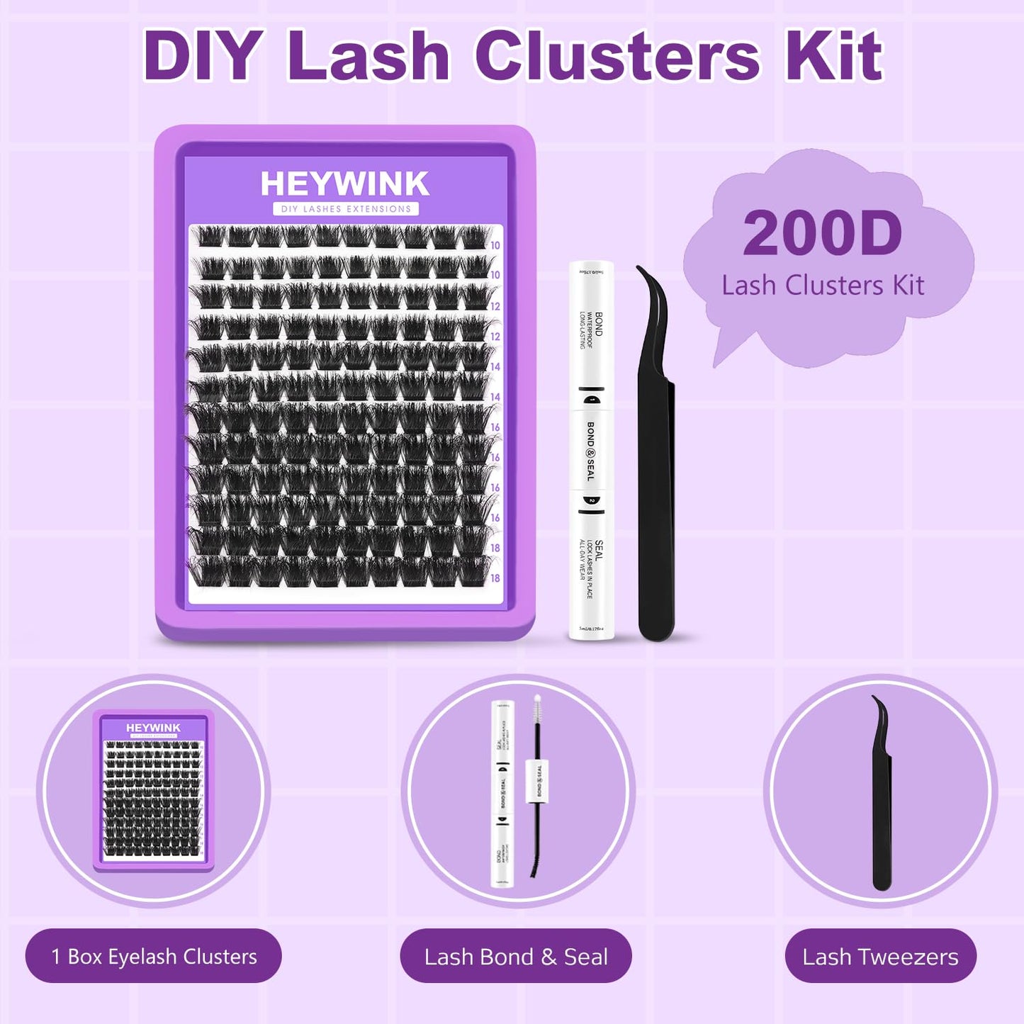HEYWINK Lash Clusters Kit Thick 200D Individual Lashes D Curly Lash Extension Kit 10-18mm Volume Cluster Lashes Cluster Eyelash Extensions DIY Lash Beauty and Personal Care HEYWINK