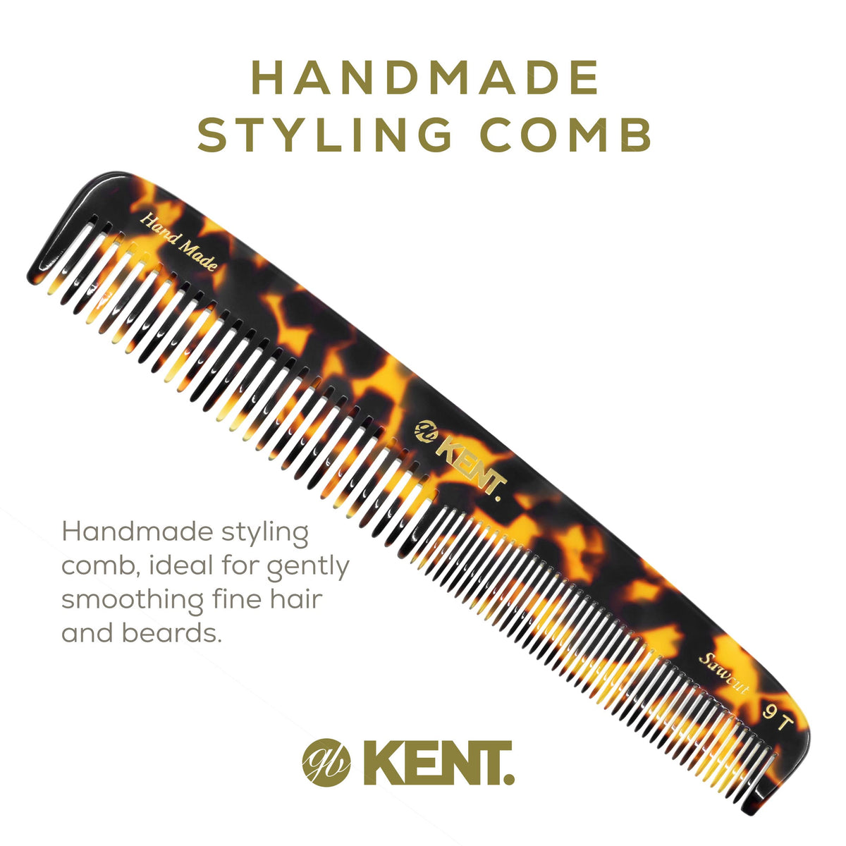 KENT 9T Fine Tooth & Wide Tooth Comb Detangler - Large Handmade Saw-Cut Dressing Comb - Wet/Dry Hair Comb for Women & Men, Made in England (Yellow