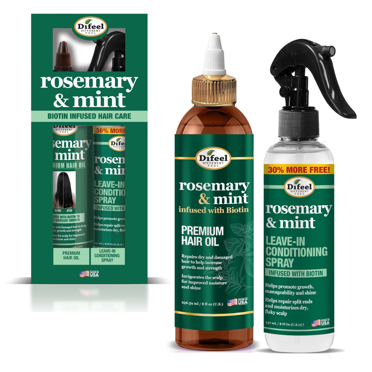 Difeel Rosemary & Mint Hair Care Set - 8oz Hair Oil and 8oz Leave-in Conditioning Spray in a Gift Box Beauty & Personal Care Difeel