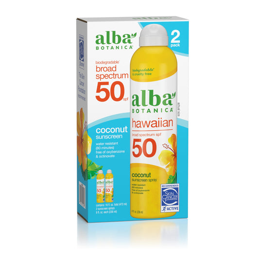 Alba Botanica Hawaiian Coconut Sunscreen, Spray Broad Spectrum SPF 50 Sunscreen, Water Resistant and Biodegradable 8 fl oz Bottle (Pack of 2) Beauty & Personal Care Alba Botanica