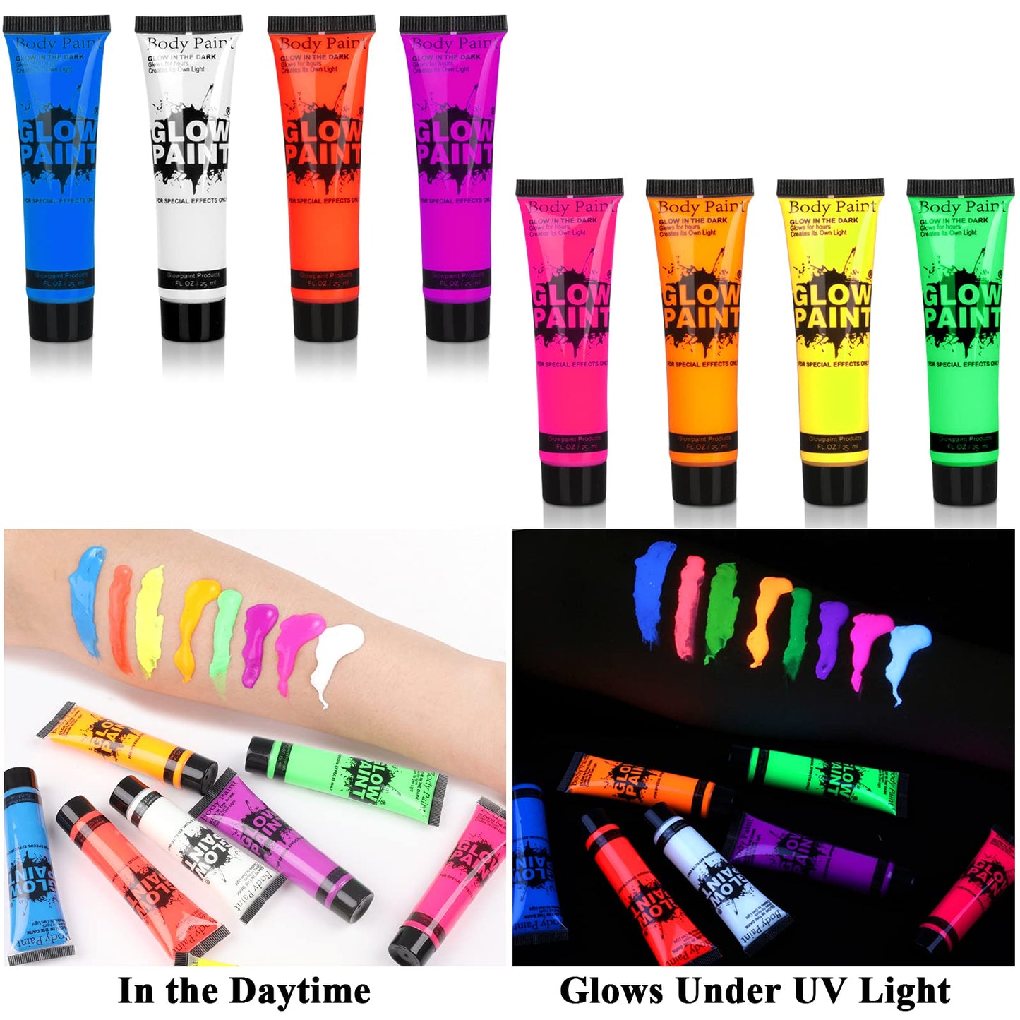 UV Blacklight Neon Face and Body Paint, 8 Tubes 0.84oz Glow in the Dark Body Paints, Neon Fluorescent Glow in Dark Party Supplies Beauty & Personal Care fenshine