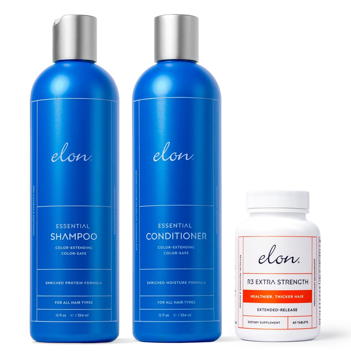 Elon Complete Care Kit for Thinning Hair - Elon Essential Shampoo & Conditioner Set + R3 Extra Strength Hair Growth Supplement - NO Sulfates, Parabens Beauty & Personal Care Elon