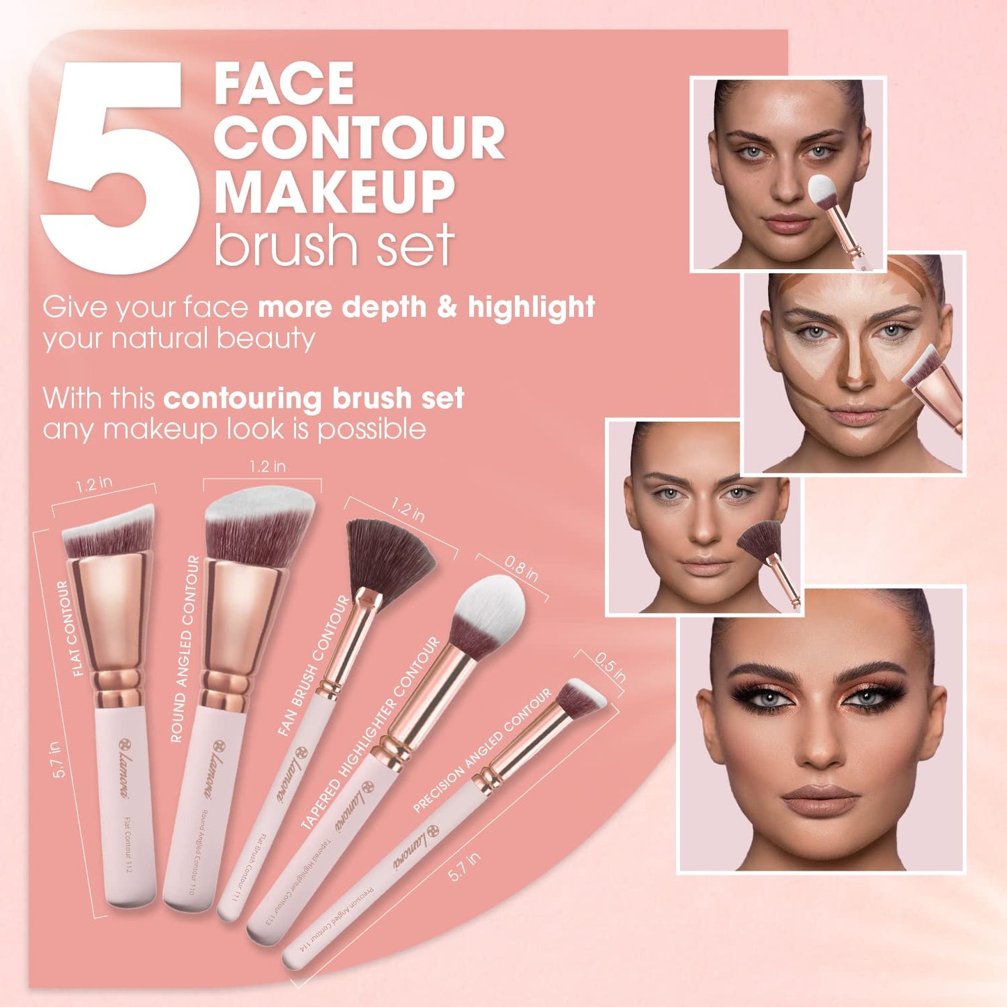 Pro Face Contour Brush Set - Synthetic Contouring Sculpting and Highlighting Kit - Cream Blush Powder Flat Nose Cheek Round Small Angled Fan Tapered Beauty & Personal Care Lamora