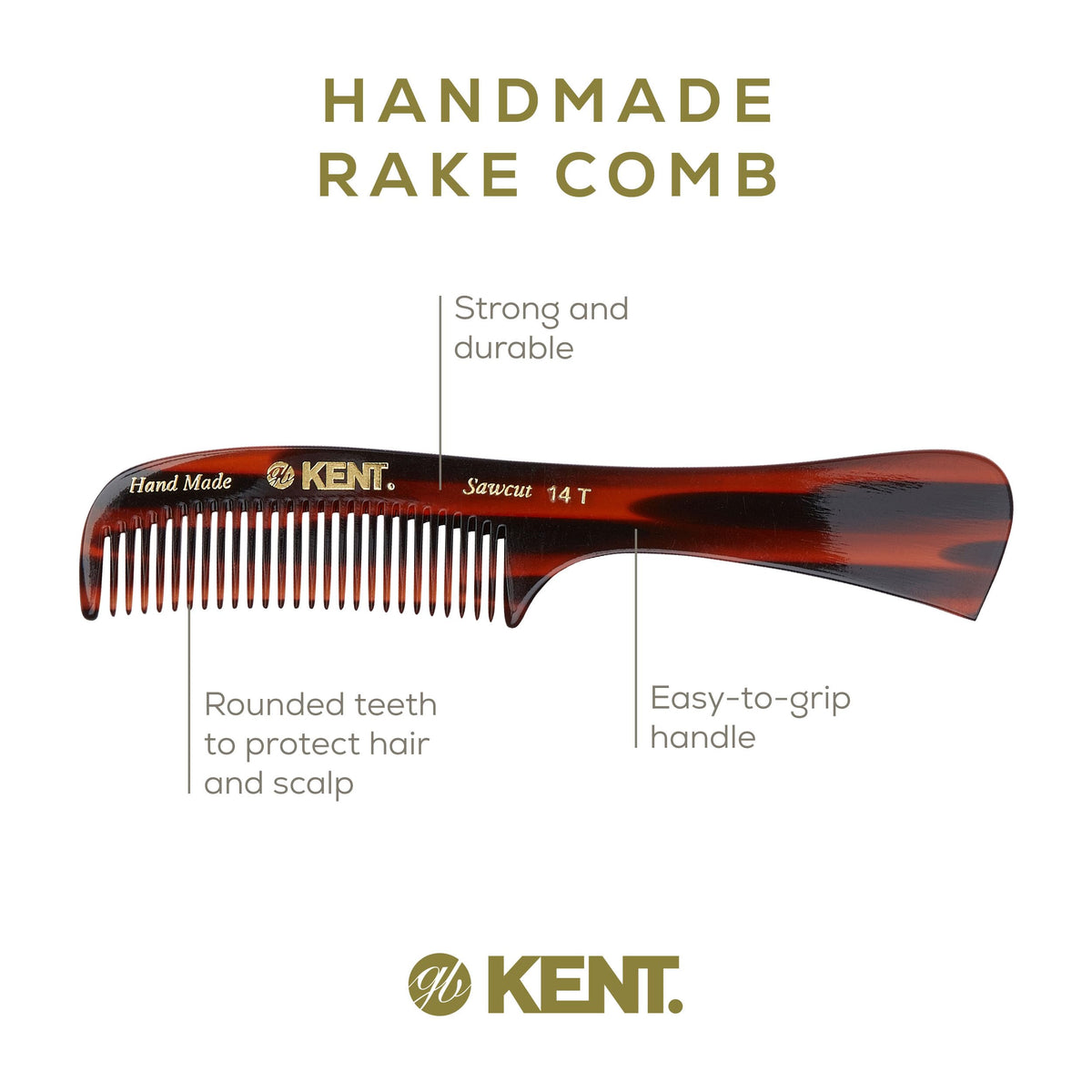 Kent 14T Tortoise Large Detangling Comb, Wide Teeth for Long Thick Curly Wavy Hair. Hair Detangler Comb For Wet and Dry. Saw-Cut from Cellulose and
