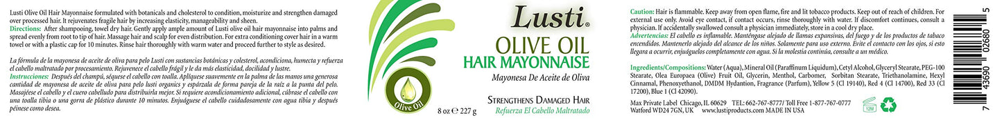 Lusti Olive Oil Hair Mayonnaise, 8 fl oz - Rejuvenate Hair & Scalp - Repair Dry and Damaged Hair Beauty & Personal Care Lusti Organics