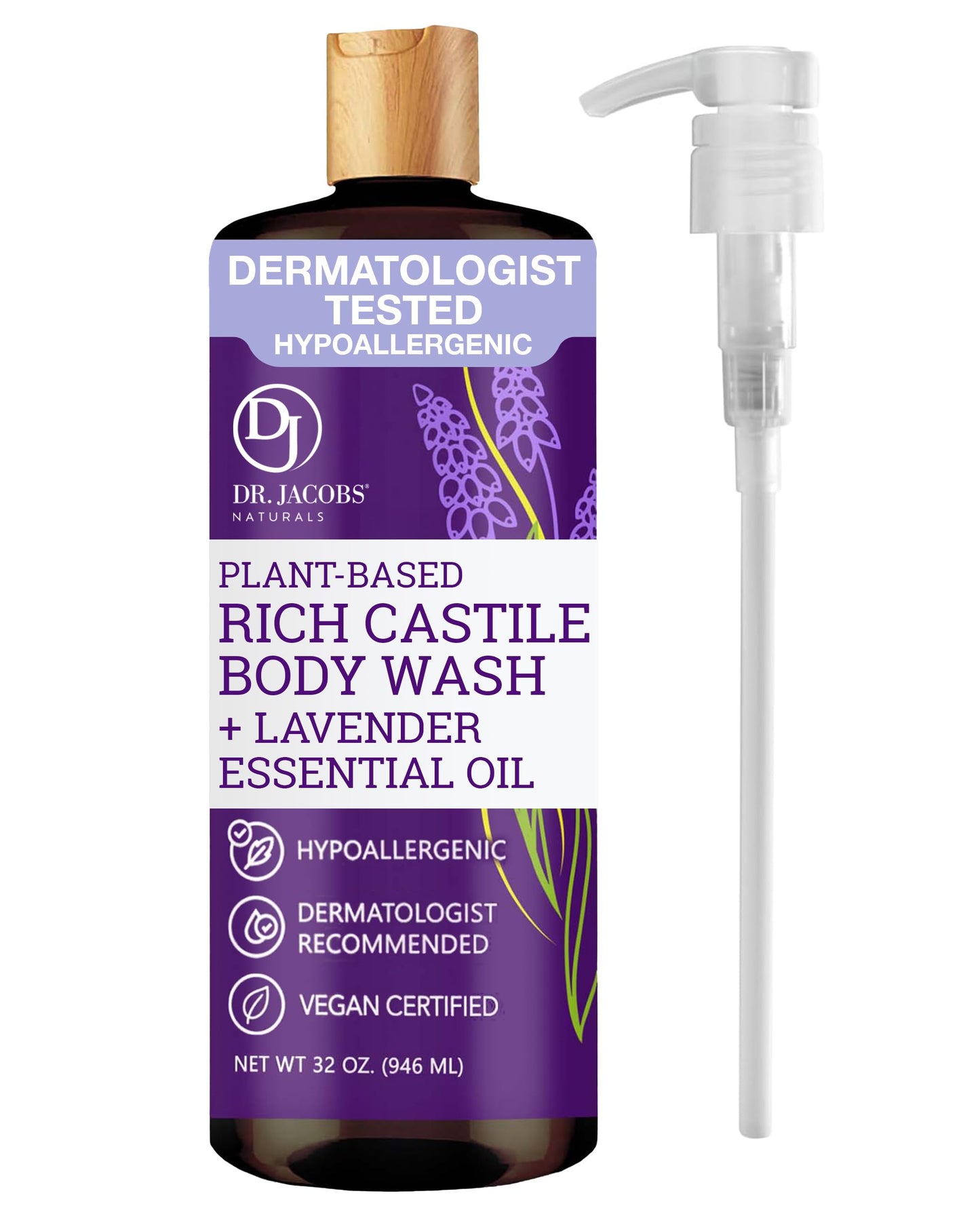 Dr. Jacobs Naturals Castile Lavender All-Natural Body Wash for Moisturizing Dry and Sensitive Skin with Plant-Based Ingredients with Pump - 32 Ounce Beauty & Personal Care DR.JACOBS NATURALS