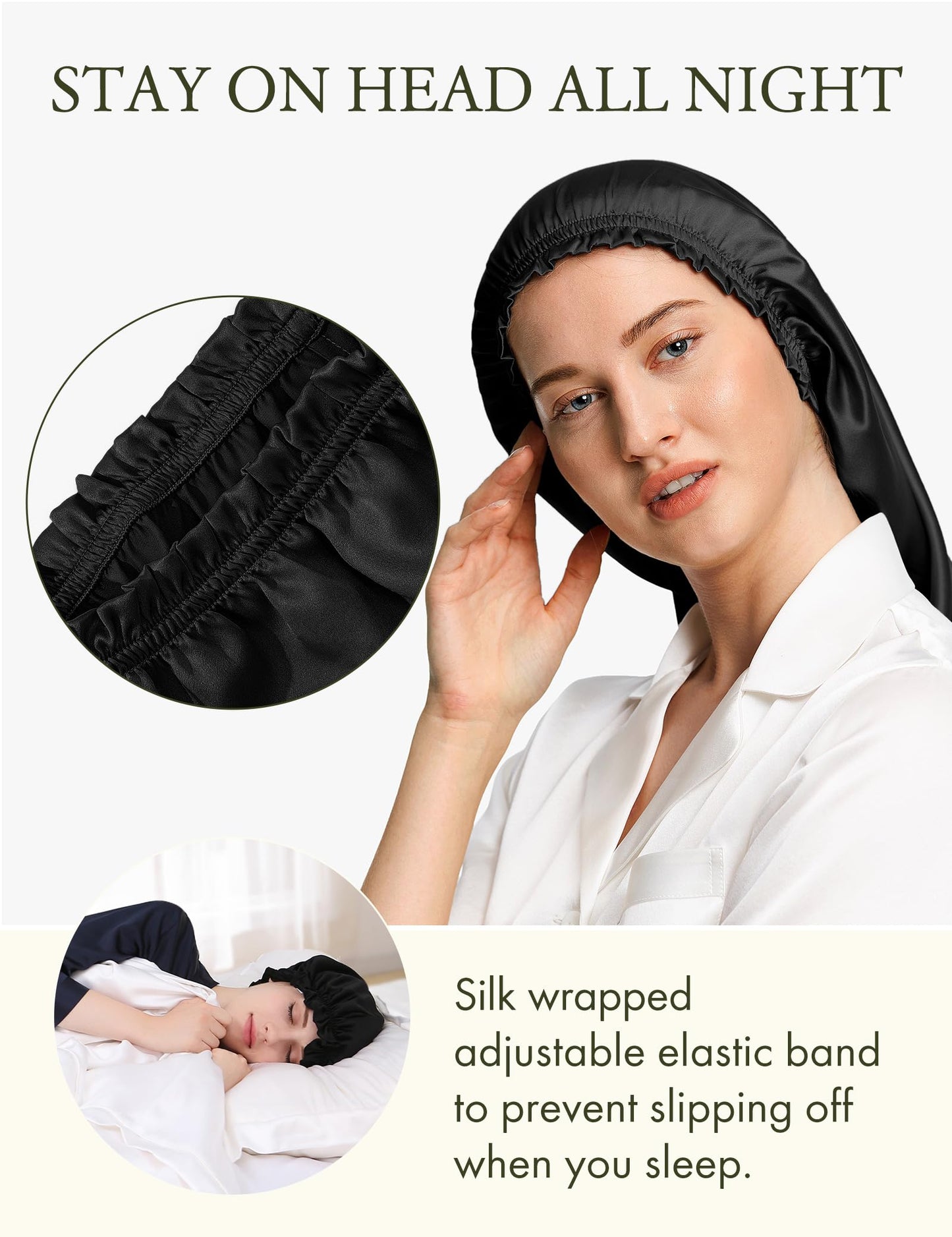 LilySilk Extra Long Silk Bonnet Sleep Cap for Women Soft Adjustable Hair Bonnet for Braids,Curly,Long Hair- Soft Elastic Band, Black Beauty and Personal Care LilySilk