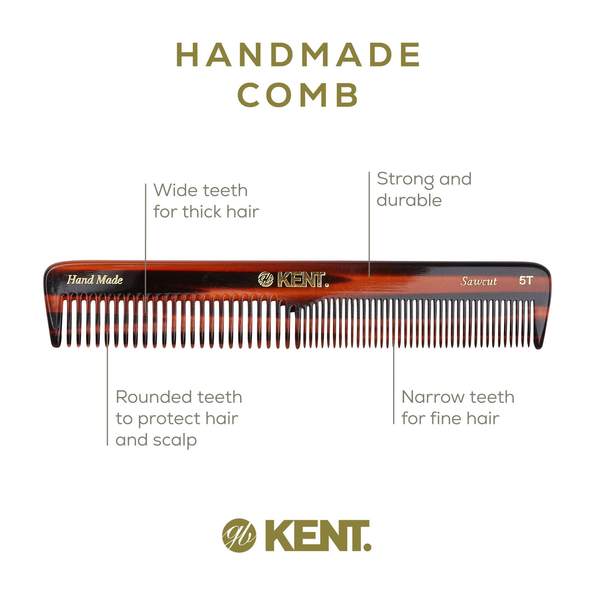 Kent 5T 6.6 Inch Double Tooth Dressing Comb, Fine and Wide Tooth for Hair, Beard, and Mustache Styling and Grooming - Coarse and Fine for Men, Women,