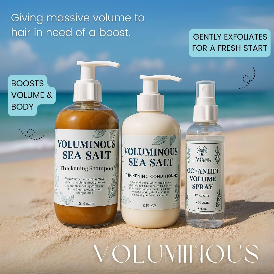 Nature Skin Shop Voluminous Hair System, 3-Piece Shampoo, Conditioner & OceanLift Spray Set for Instant Volume & Body, Thickening for Fine, Flat Beauty & Personal Care Nature Skin Shop