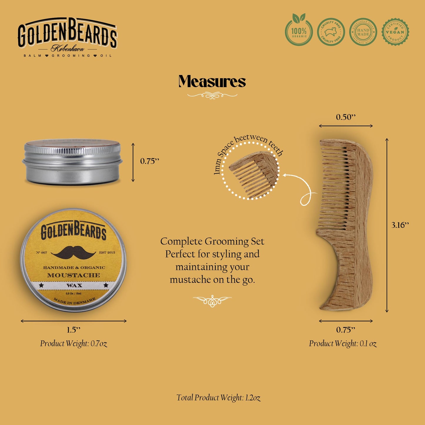 Golden Beards Moustache Wax & Eco Wood Vegan Comb Kit - Medium Hold Wax with Lime Scent & Eco Wood Comb 2.5 in - Handmade, Vegan, Cruelty-Free Beauty and Personal Care Golden Beards Kobenhavn BALM GROOMING OIL