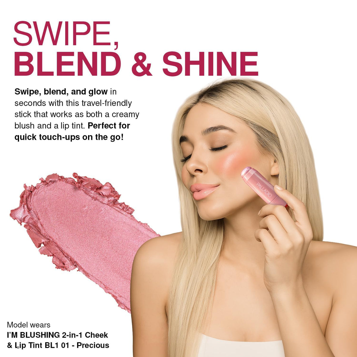 Palladio I'm Blushing 2-in-1 Cheek and Lip Tint, Buildable Lightweight Cream Blush, Sheer Multi Stick Hydrating formula, All day wear, Easy Beauty & Personal Care Palladio