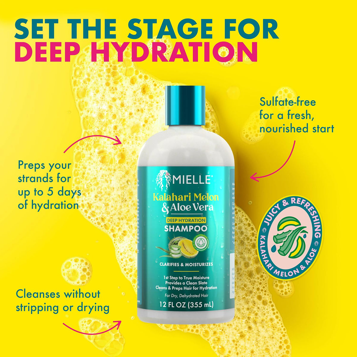 Mielle Organics Kalahari Melon & Aloe Deep Sulfate Free Shampoo - Hydrating & Clarifying Shampoo for Dry, Curly, and Textured Hair - Removes Buildup &