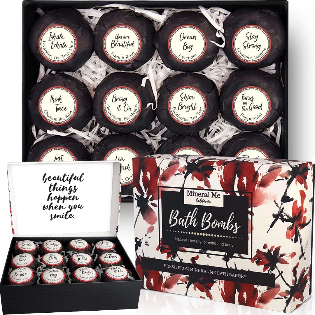 Bath Bombs for Women Relaxing with Inspirational Messages, 12 Natural and Organic Bath Bombs with Essential Oils & Skin Moisturizing Shea Butter. Beauty and Personal Care Mineral Me California
