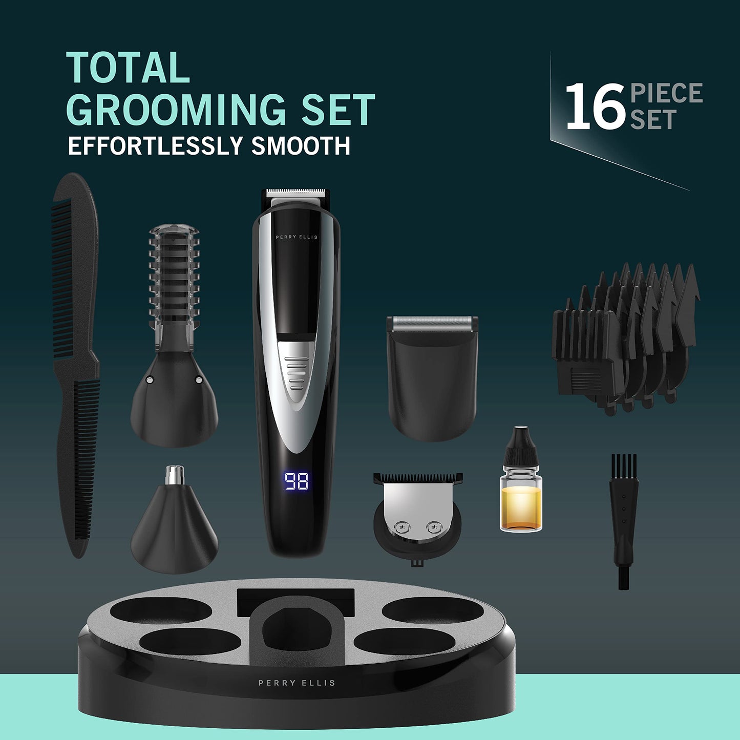 Perry Ellis 16-Piece Men’s Grooming Kit, Rechargeable Beard Trimmer, Electric Razor for Face, Body, Nose, and Ear Hair, LED Display, Foil Shaver Head Beauty and Personal Care Perry Ellis