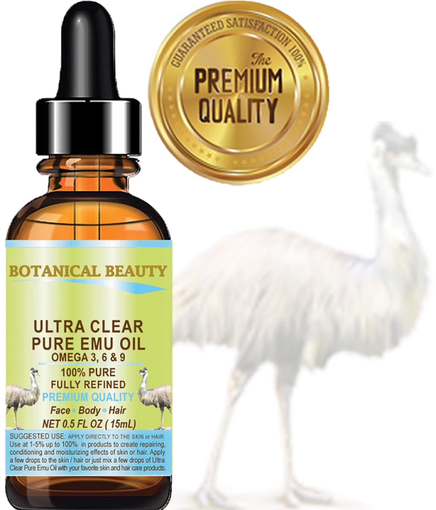 Botanical Beauty PURE EMU OIL ULTRA CLEAR 100% Natural REFINED for FACE, SKIN, BODY, HANDS, FEET, NAILS, HAIR, LIP CARE 0.5 Fl. oz. - 15 ml Beauty & Personal Care Botanical Beauty