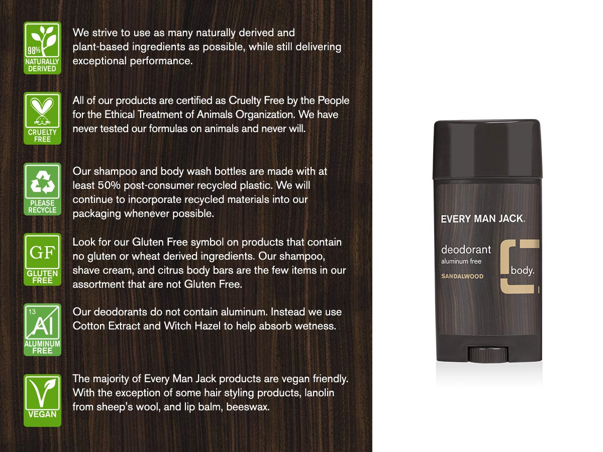 Every Man Jack Men's Natural Deodorant - Sandalwood - 3-ounce Twin Pack - 2 Sticks Included - Naturally Derived, Aluminum Free, Parabens-free Beauty and Personal Care Every Man Jack