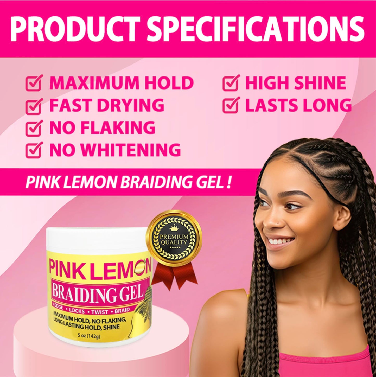PINK LEMON Braiding Gel (5 oz) - Maximum Hold, No Flaking, Long Lasting Hold, High Shine. For Micro, Inter, Dread, Faux, Loc, Twist, Braid, Edge. Beauty & Personal Care PINK LEMON