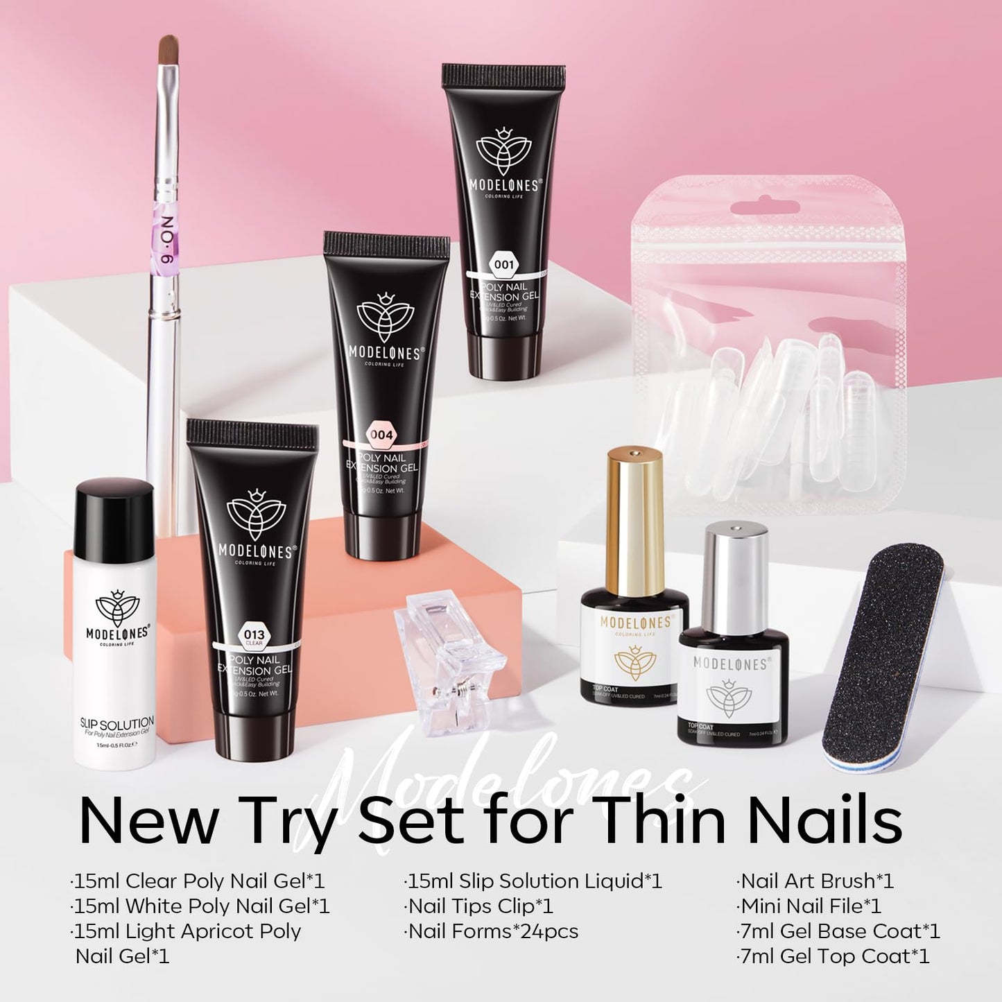 Modelones Poly Gel Nail Kit 3 Colors Clear White Apricot with Slip Solution Dual Nail Forms Top Base Coat Extension Builder Gel Polygel Toenail Kit Beauty and Personal Care modelones