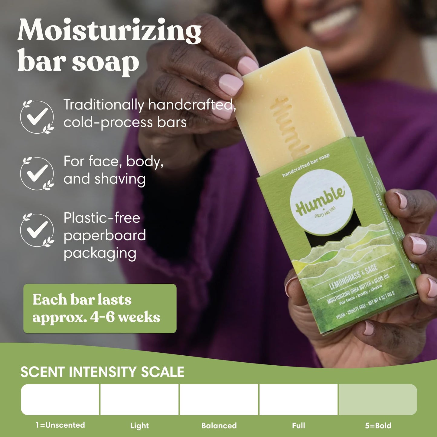 Humble Natural Bar Soap, Lemongrass & Sage - Cold Processed Face & Body Soap Bar with Essential Oils - Moisturizing Formula for Long-Lasting Beauty & Personal Care HUMBLE SIMPLE AND TRUE.