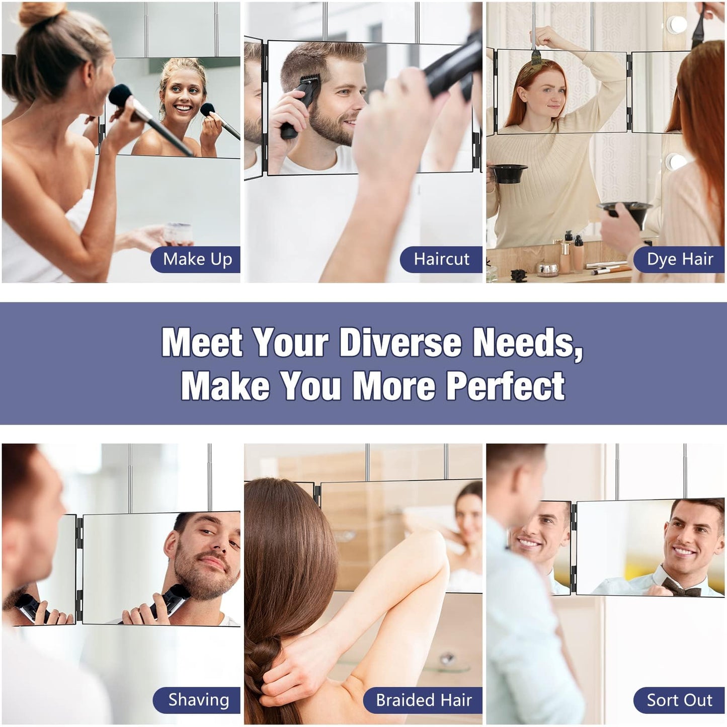Dripex 3 Way Mirror for Men or Women, 360° Trifold Self Haircut Mirror with Height Adjustable Hooks, for Makeup, Styling, Shaving, Braiding, Dye Hair Beauty & Personal Care Dripex
