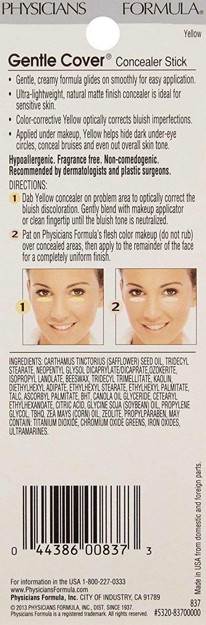 Physicians Formula Gentle Cover Concealer Stick, Yellow For Blemishes, Under-Eye Circles & Skin Imperfections Beauty & Personal Care Physicians Formula