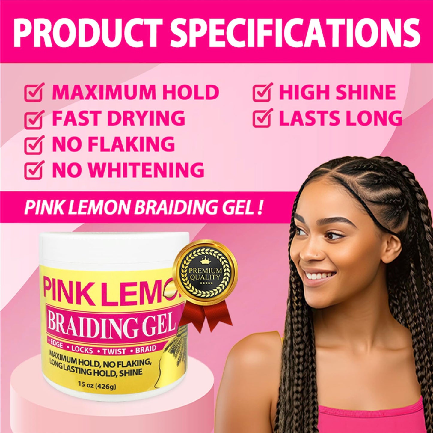 PINK LEMON Braiding Gel- Maximum Hold, No Flaking, Long Lasting Hold, High Shine. For Micro, Inter, Dread, Faux, Loc, Twist, Braid, Edge. (15 oz) Beauty & Personal Care PINK LEMON