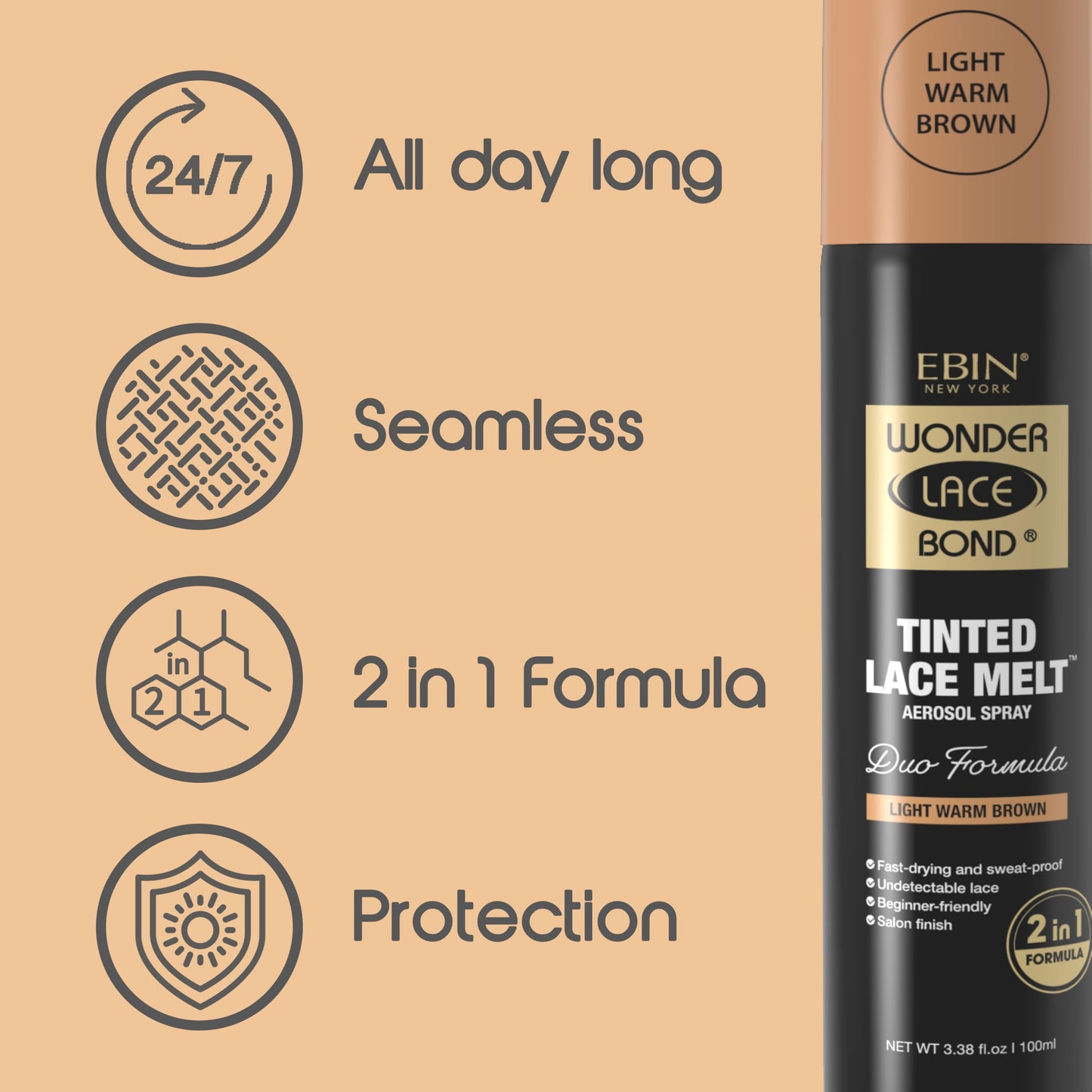 EBIN NEW YORK Wonder Lace Bond Tinted Lace Melt Aerosol Spray - Dark Brown 3.38oz/ 100ml - Quick Dry No Transfer Formula, Humid Resistant, Infused Beauty & Personal Care EBIN NEW YORK