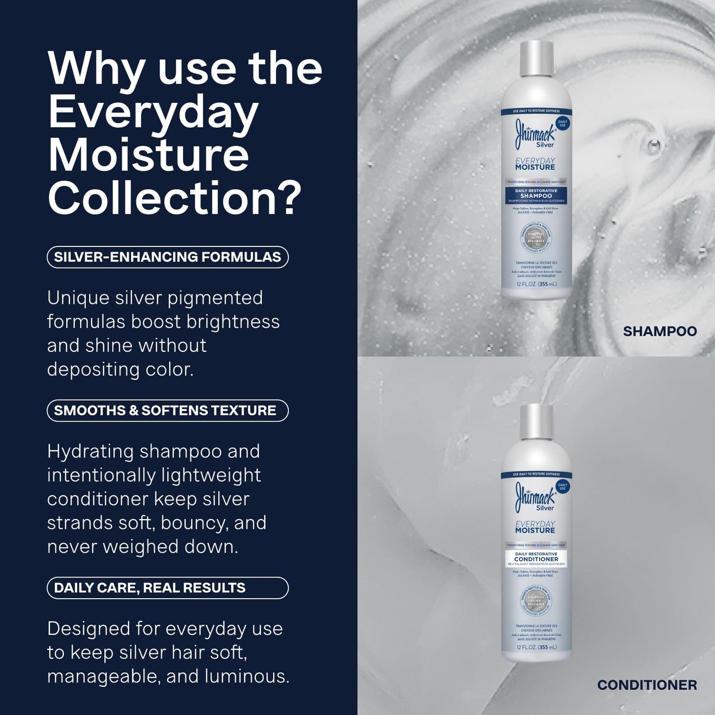 Jhirmack Silver Everyday Moisture Daily Restorative Shampoo and Conditioner Set | For all types of Silver, Grey, and White Hair | 12 fl oz each Beauty & Personal Care jhirmack