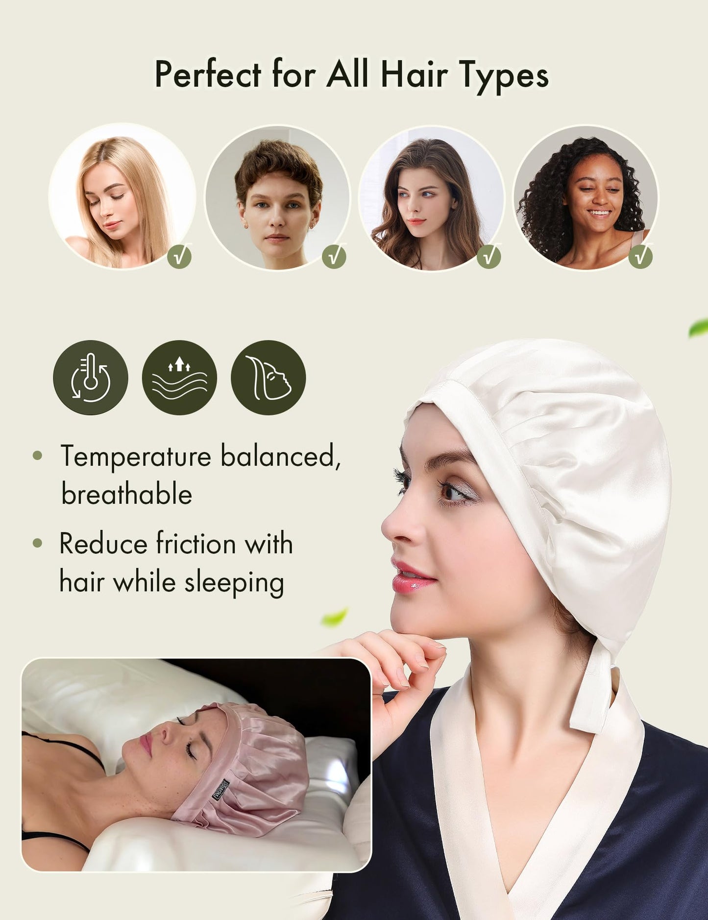 LILYSILK 100% Mulberry Silk Bonnet, 19 Momme Silk Night Sleep Cap Adjustable Hair Wrap for Sleeping, Ivory Beauty and Personal Care LilySilk