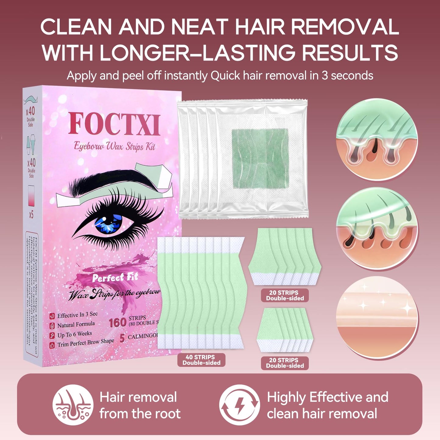 FOCTXI Facial Wax Strips Kit for Women - 80 Strips Hypoallergenic Eyebrow Wax Strips for Hair Removal Home Use + 5 Calming Oil Wipes, Suitable for All Beauty and Personal Care FOCTXI