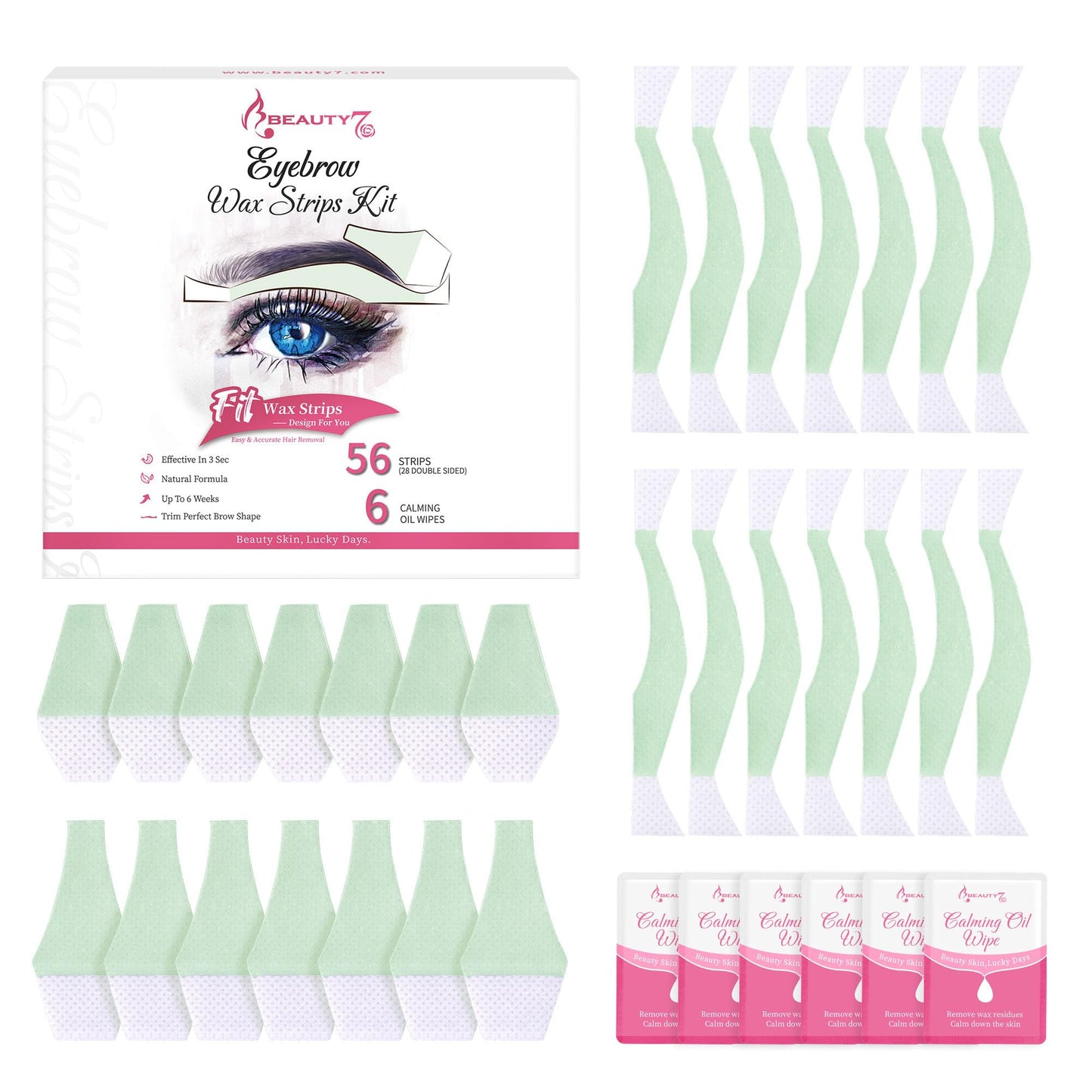 Beauty7 Eyebrow Wax Strips at Home for Women, Facial Hair Removal Waxing Strips for Face, Large Pack 56 Strips with 6 Calming Oil Wipes for All Skin Beauty and Personal Care Beauty7