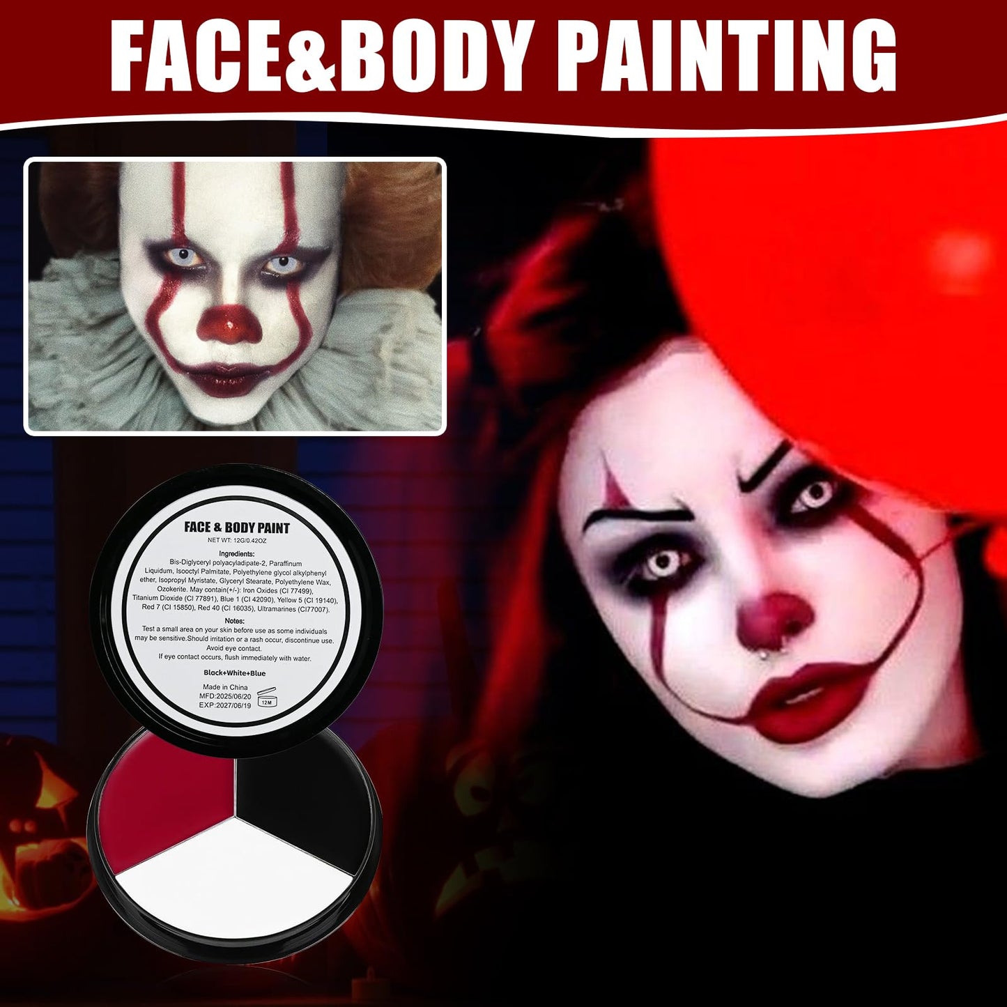 VPCRT6 White Black Red Halloween Face Body Paint with 3PCS Sponge and 1PC Brush, for Baseball, Softball Sports(Eye Black) & Halloween (Joker, Clown) Beauty & Personal Care VPCRT6