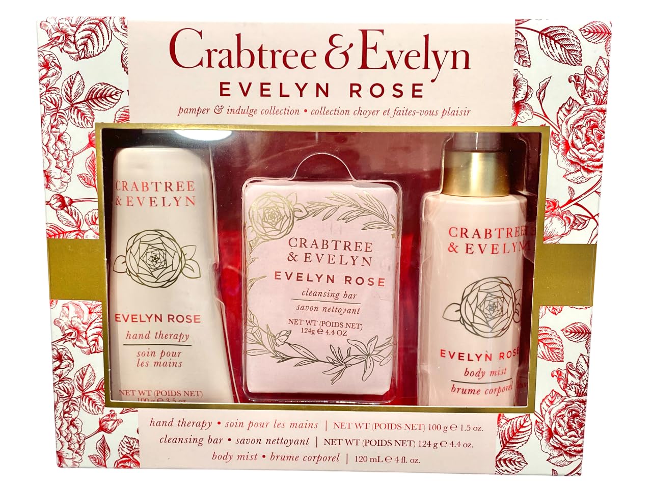 Crabtree & Evelyn EVELYN ROSE Hand Therapy, Bar Soap, Body Mist Gift Set - Full Size Beauty & Personal Care Crabtree & Evelyn