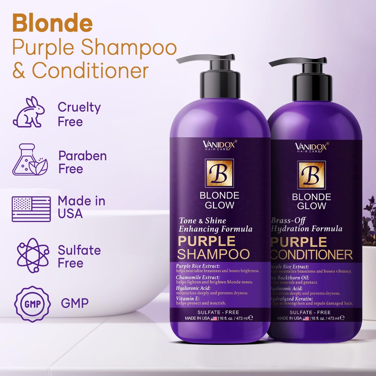 VANIDOX Sulfate Free Brass Toning Purple Shampoo and Conditioner Set for Blondes, Brown Highlighted, or Bleached Hair, Shampoo for Blondes Infused Beauty & Personal Care VANIDOX