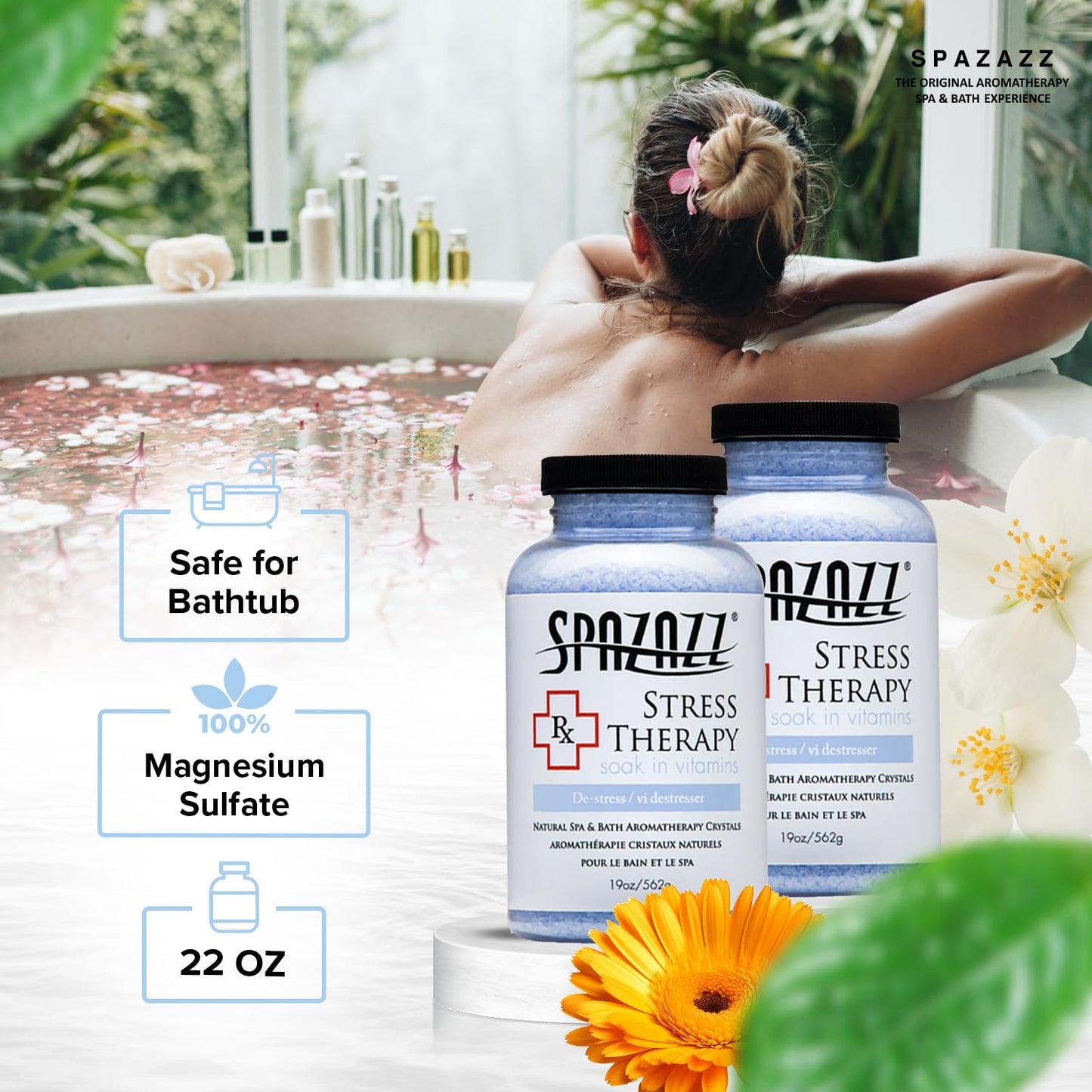 Spazazz Rx Stress Therapy Natural Spa & Bath Salt Aromatherapy Crystals- 2 Pack 19oz De-Stress - Calming & Relaxing Natural Aroma & Magnesium Mineral Beauty and Personal Care Spazazz