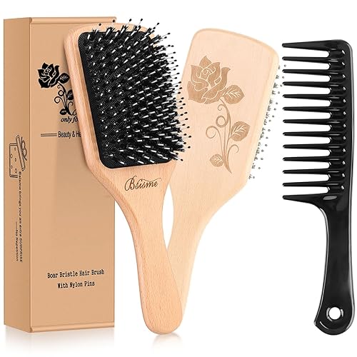 Bsisme Hair Brush-Boar Bristle Hairbrush with Detangling Pins Wooden Paddle Detangler Hairbrush for Women Men Reduce Frizz Dry Restore Natural Shine Beauty & Personal Care Bsisme