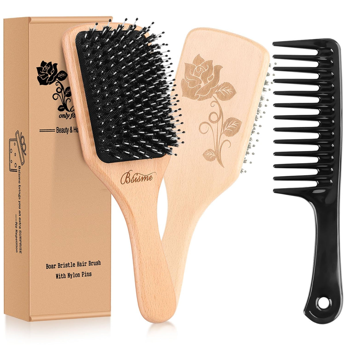 Bsisme Hair Brush-Boar Bristle Hairbrush with Detangling Pins Wooden Paddle Detangler Hairbrush for Women Men Reduce Frizz Dry Restore Natural Shine Beauty & Personal Care Bsisme