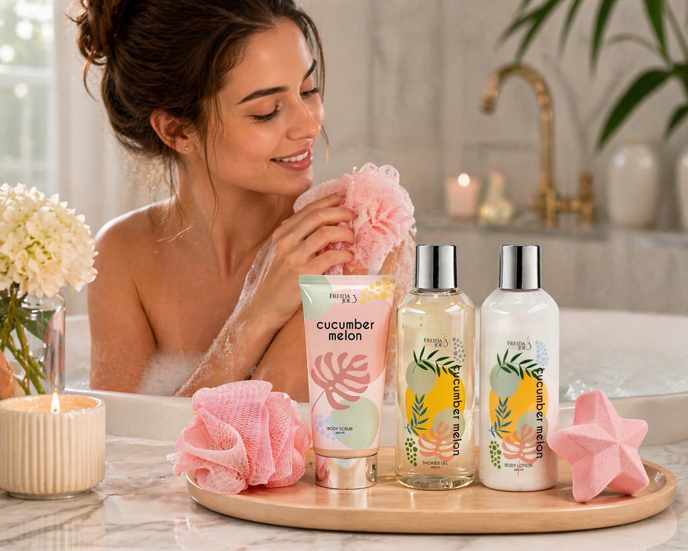 Fragrance Bath & Body Collection Gift Box, Includes Shower Gel, Body Lotion, Body Scrub, Bath Bomb & Sponge (Cucumber Melon) Beauty and Personal Care Freida and Joe