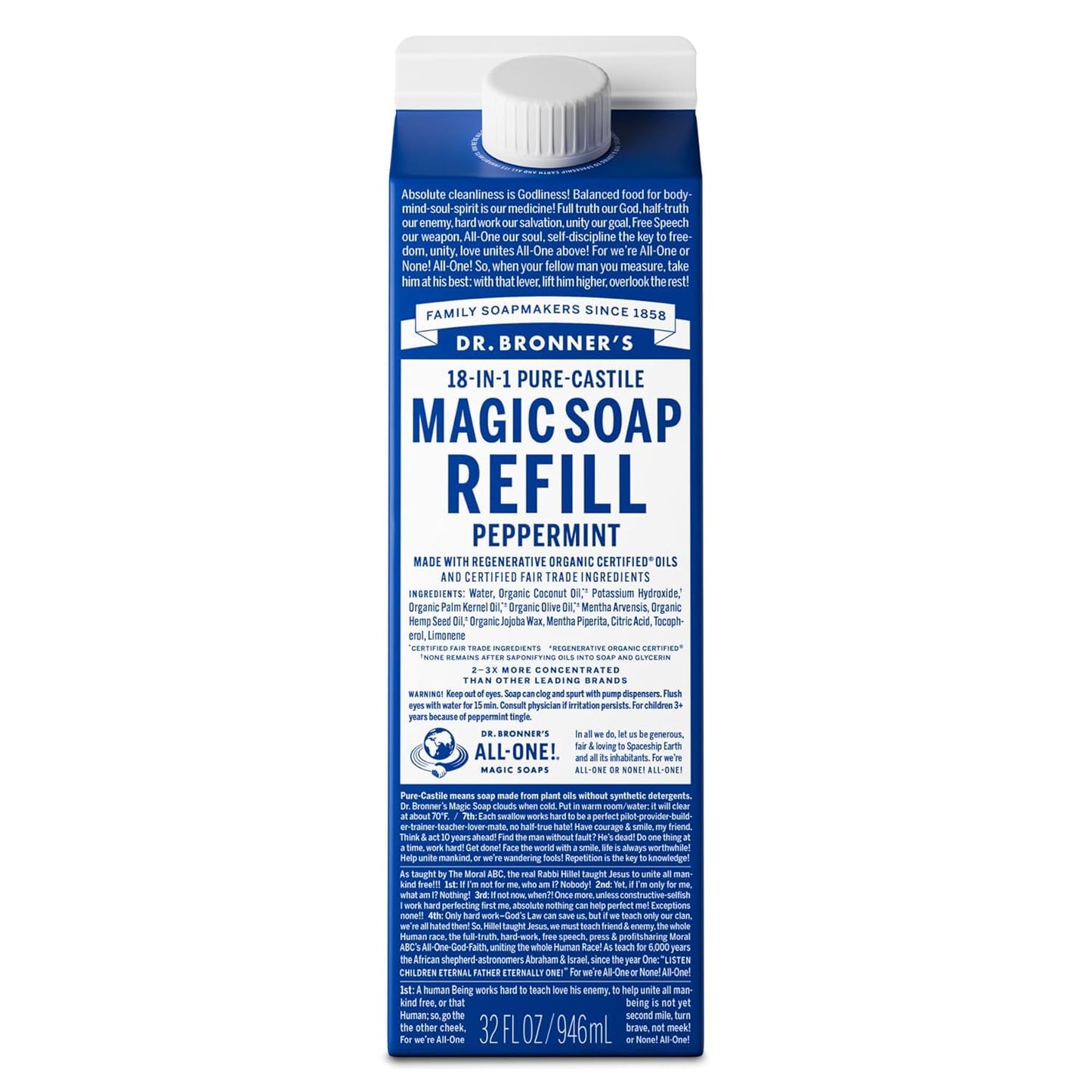 Dr. Bronner's Pure-Castile Liquid Magic Soap Refill - Made with Regenerative Organic Certified Oils, 86% Less Plastic - 18-in-1 Uses for Face, Body Beauty & Personal Care Dr. Bronner's