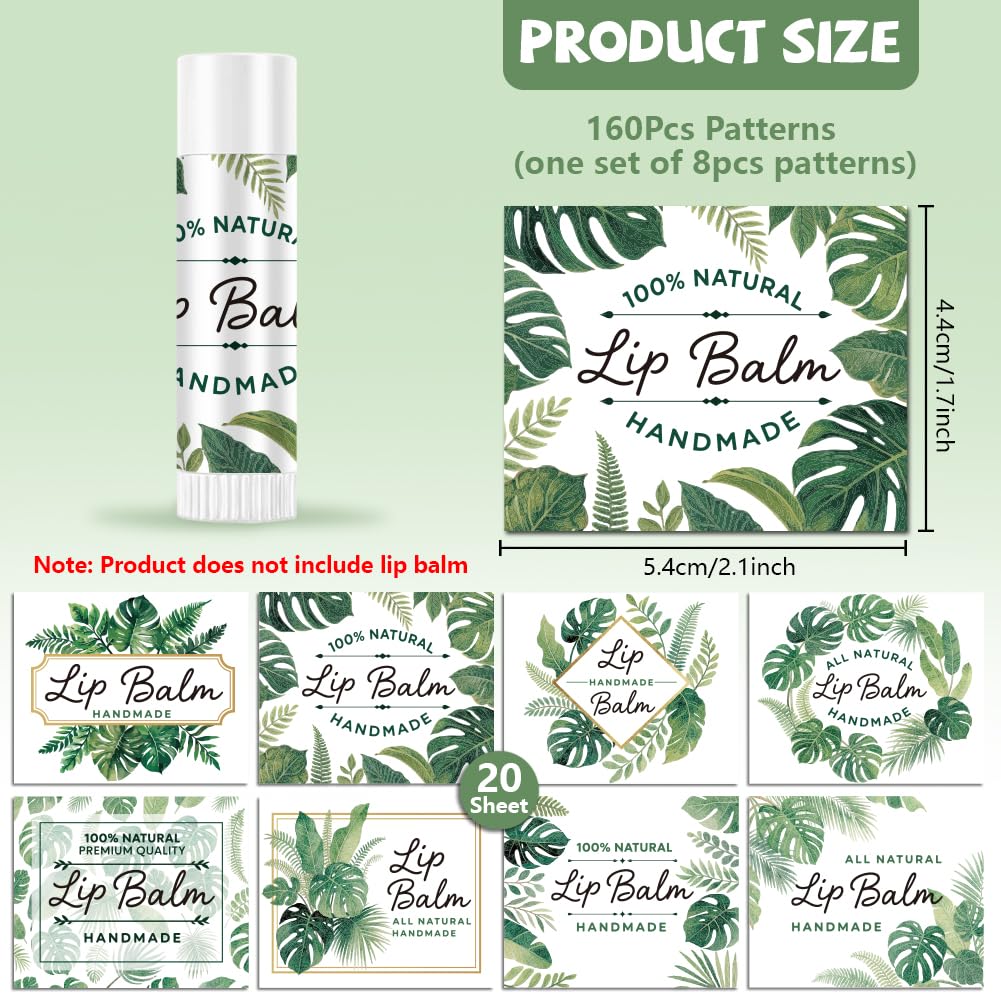 Peacoblue 160Pcs Lip Balm Labels Sticker for Tubes 2.1"x1.7" Tropical Plants With Monstera, 8 Styles Waterproof Chapstick Labels Glossy for Homemade Beauty and Personal Care peacoblue