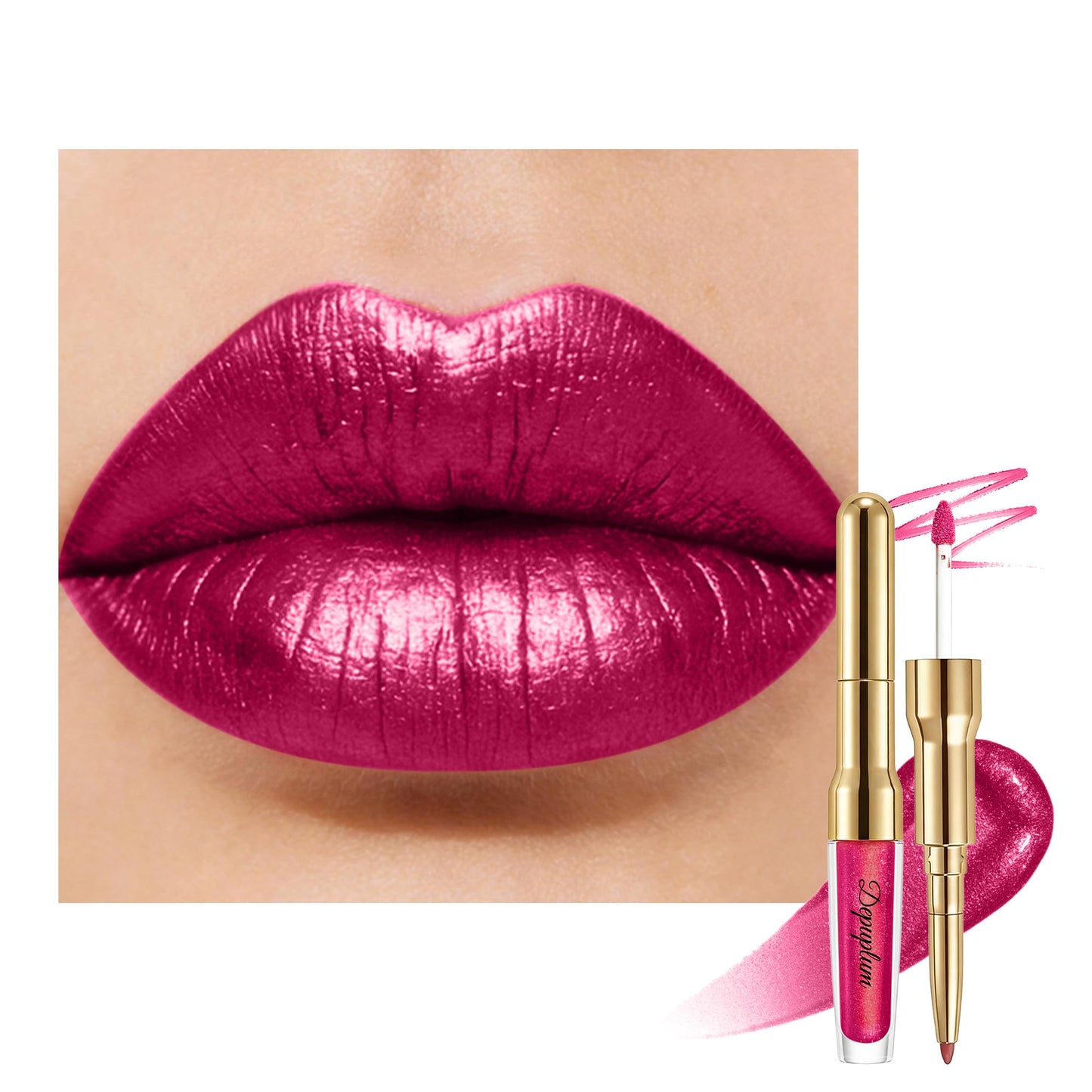 Depuplum Plum Metallic Lipstick and Lip Liner Combo Makeup 2-in-1 Shimmer Glitter Lipsticks for Women Metallic Lip Gloss Stain Burgundy Long Lasting Beauty & Personal Care Depuplum