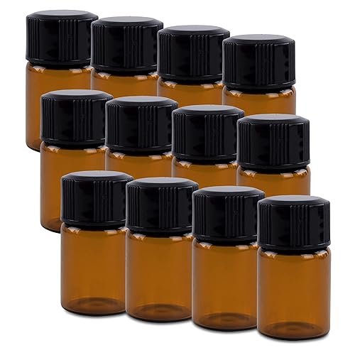 2ml Mini Amber Glass Bottles with Orifice Reducer and Cap for Essential Oils, Chemistry Lab Chemicals, Colognes & Perfumes (12 Pack) Beauty & Personal Care Super Z Outlet