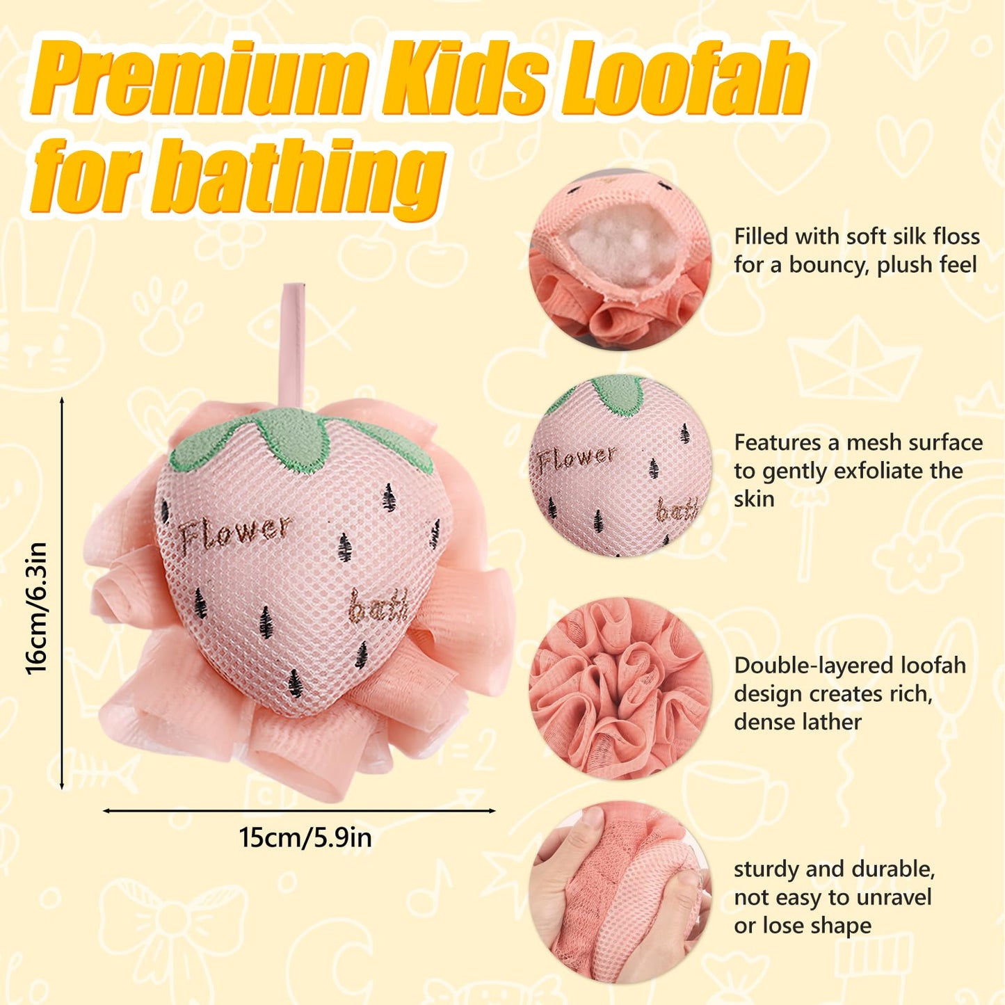 Kids Loofah, Cute Cartoon Animal Kids Bath Sponge with Hanging Rope, Soft Double Mesh for Rich Lather (Pink Strawberry) Beauty and Personal Care Taolivingmart