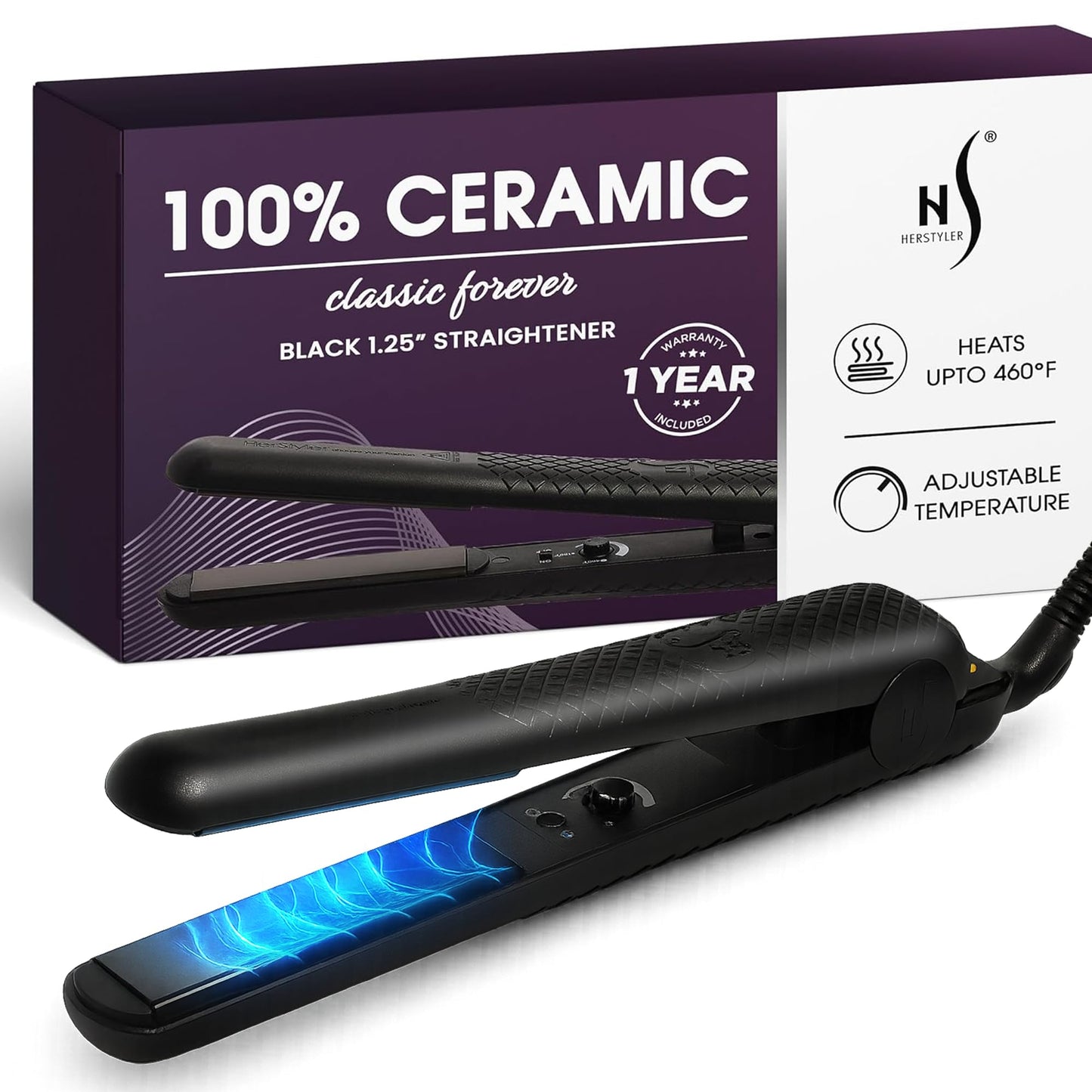 HerStyler Forever Straightening Flat Iron - Travel Friendly Dual Voltage Flat Iron 1.25 inch - Ceramic Hair Straightener for Silken Hair - Negative Beauty & Personal Care HerStyler