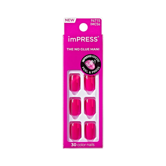 Kiss Impress No Glue Mani Press On Nails, Color, 'All Smiles', Pink, Short Size, Squoval Shape, Includes 30 Nails, Prep Pad, 1 Manicure Stick, 1 Mini