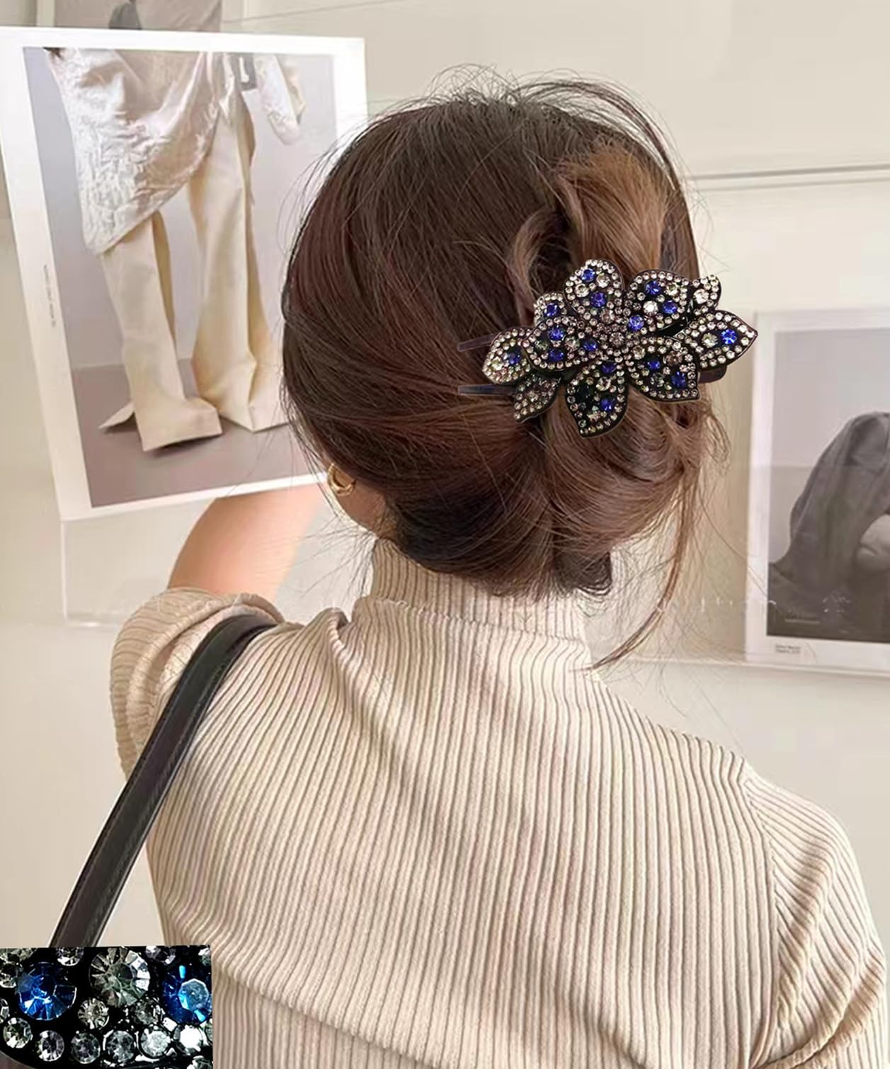 5 Pcs double flower decorative jeweled rhinestone hair clip pretty fancy floral thick crystal hair clips for women beautiful fashion designer asian Beauty & Personal Care LJC-20